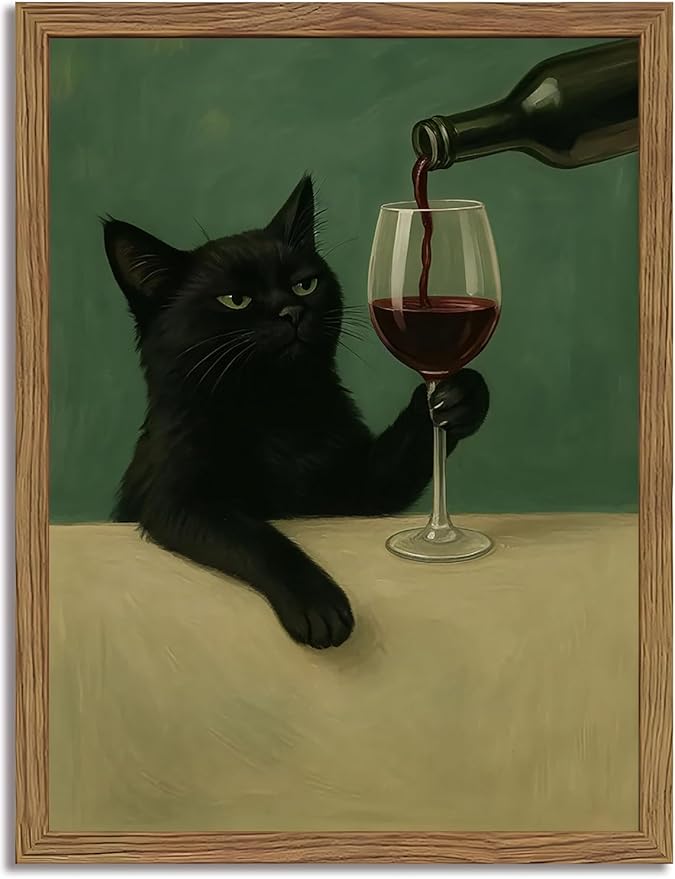 Funny Black Cat Wall Art 8x10 Inch Moody Black Cat with Wine Glass Canvas Wall Decor Whimsical Animal Bar Cart Poster Canvas Prints for Bathroom Kitchen Bar Wood Framed