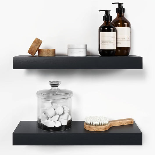 Homeforia Black Floating Shelf 18 inch, High End Solid Real Wood 18inch Bathroom Floating Shelves for Wall Mounted, Black Wooden 18in Floating Shelves, Heavy Duty Bracket, 18 X 6.5 X 1.75 in, Set of 2