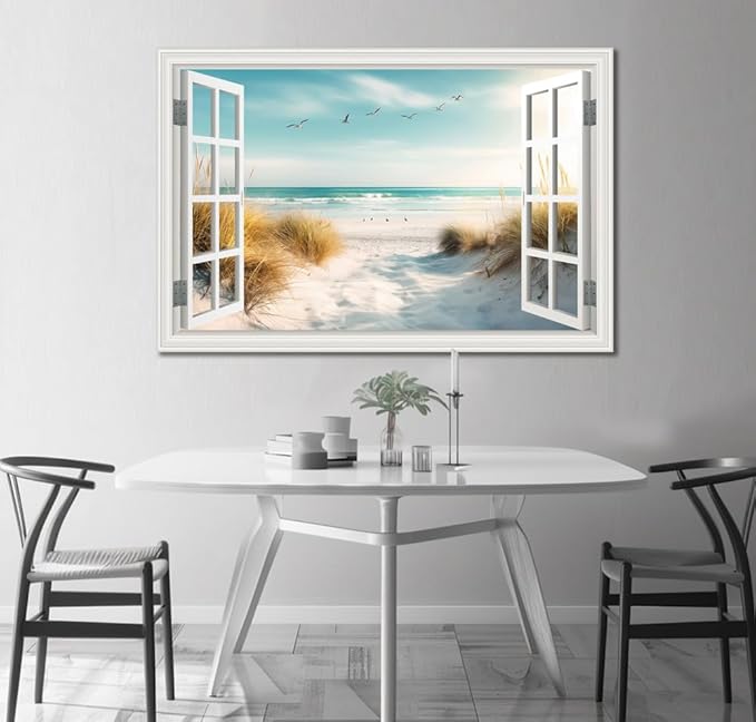 Canvas Wall Art - Large Ocean Prints for Living Room & Bedroom - White Window Style Beach Path Painting Coastal Seascape Artwork - Landscape for Home Office Decorations (32"*48")
