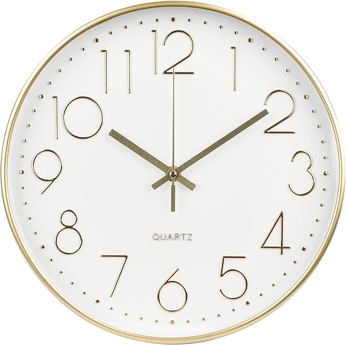 Wall Clock Non-Ticking Silent Modern Simple Style Round Decor Clock Stereoscopic Dial Quartz Wall Clocks for Home/Office/School/Living Room/Bedroom/Kitchen (Gold, 8inch)