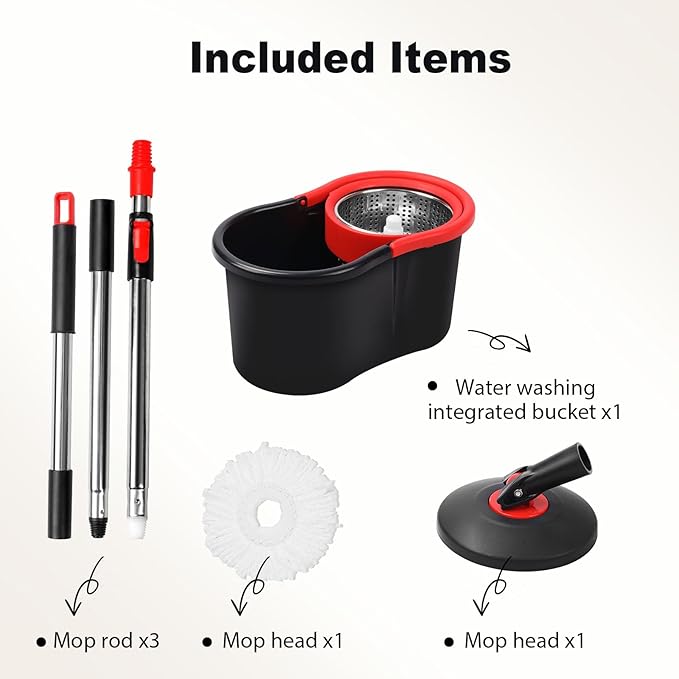 Spin Mop and Bucket, Mop and Bucket with Wringer Set for Home, 360 Spinning Mop Bucket Floor Cleaning Tool with 1 Microfiber Mop Replacement Head,50" Stainless Steel Handle (Black-Includes 1 mop)