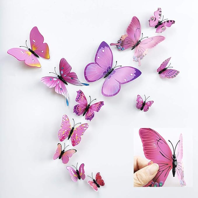 36pcs 3D Colorful Butterfly Wall Stickers DIY Art Decor Crafts for Party Nursery Classroom Offices Kids Girl Boy Baby Bedroom Bathroom Living Room Magnets and Glue Sticker Set 1(RED-Single Wing)