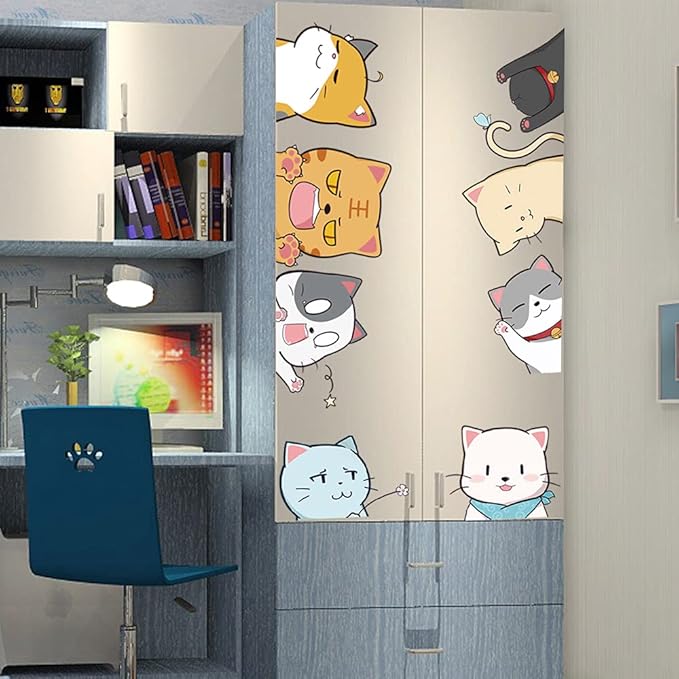 Cat Wall Stickers Decals, Cat Wall Decor Window Clings for Classroom, Cute Kitty Stickers Decor for Bedroom Anime Animals Peel and Stick Wall Decal for Kids Room