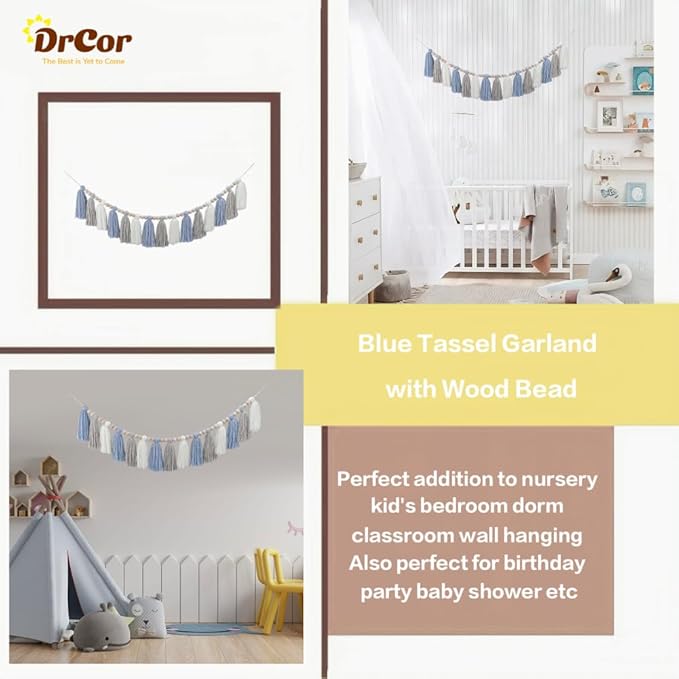 DrCor Blue and White Tassel Garland – Handmade Coastal Boho Wall Hanging for Nursery, Boys Room, Beach Theme Party, Baby Shower & Classroom Decoration