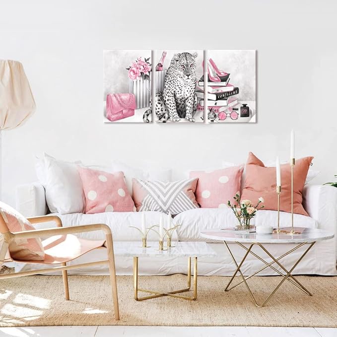 Visual Art Decor Pink Wall Decor Glam Fashion Room Decor Leopard Cheetah Decor Painting Bedroom Wall Decor for Women Framed Canvas Prints Ready to Hang 16inx20inx3Pieces