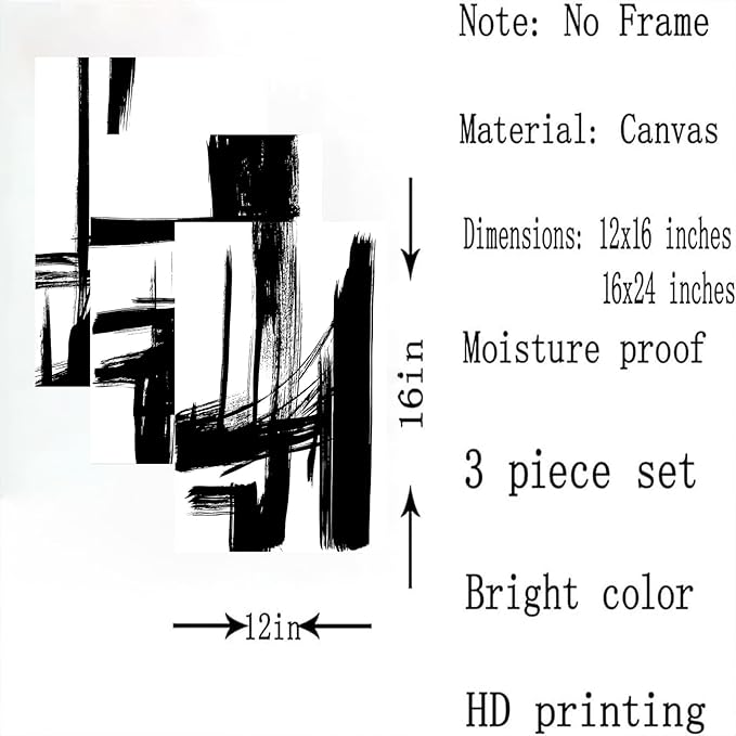 3Pcs Black and White Canvas Wall Art Modern Abstract Paintings Minimalist Line Posters Prints Wall Decor Black and white picture Artwork for Living room Bedroom Bathroom Office Home16x24in Unframed