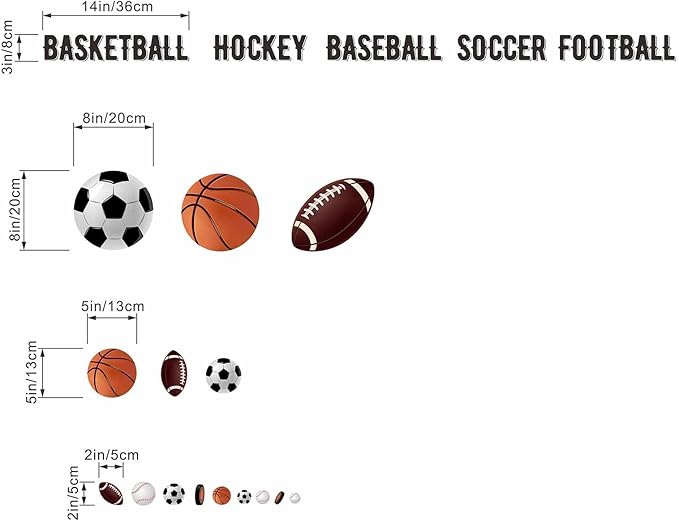 Basketball Football Soccer Sports Wall Stickers - Kids Baby Boys Wall Decals - Nursery Playroom Classroom Daycare Game Room Bedroom Home Wall Decor