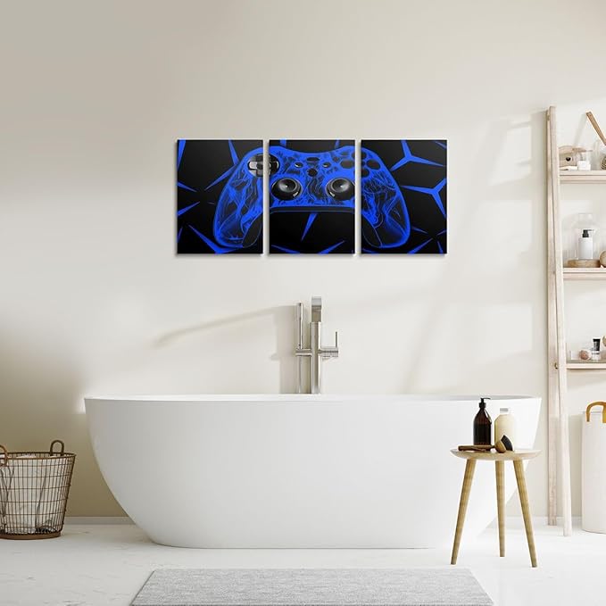 Feelyou Gamer Bathroom Wall Art for Home Decor Gamepad Canvas Wall Art for Bedroom Girls TeensGaming Gifts Office Wall Artwork Posters 12" x 16" 3 Piece Game Controller Blue Wall Painting