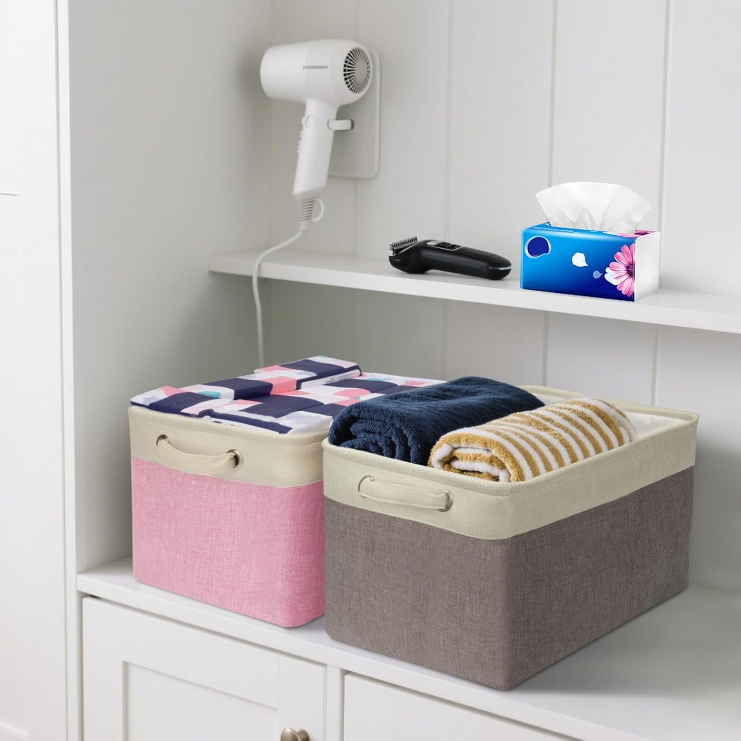 BALEINE 4 Pack Fabric Storage Bins for Shelves, Linen Storage Baskets for Organizing, Decorative Closet Bins for Clothes, Home (Green, 15''x11''x9.5'')