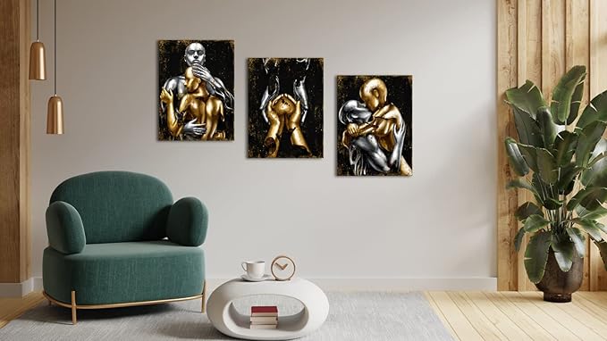 Visual Art Decor Black and Gold Love Decor Grey & Gold Hugging Couple Bedroom Wall Decor Picture Art Prints Framed Canvas Print (Black, 12x16inchx3 Pieces)