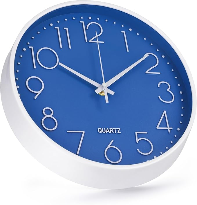 Wall Clock Non-Ticking Silent Modern Simple Style Round Decor Clock Stereoscopic Dial Quartz Wall Clocks for Home/Office/School/Living Room/Bedroom/Kitchen (Dark Blue, 8inch)