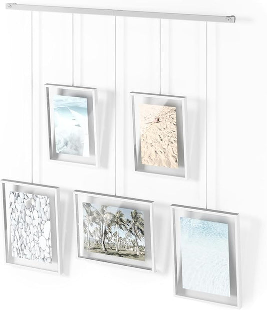 Umbra Exhibit Picture Frame Gallery Set, Adjustable Wall Collage Displays Five Photos (Two 4x6 and Three 5x7), Set of 5, White