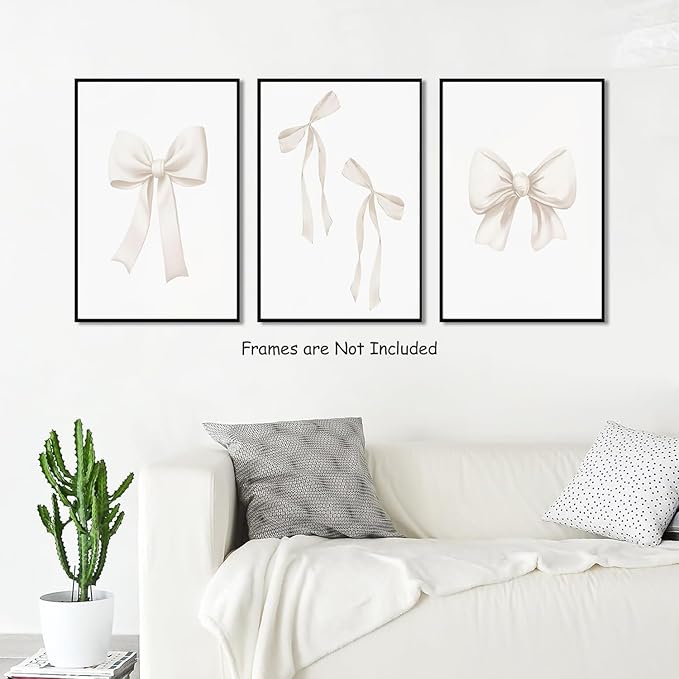 Djmwtb Preppy Bow Canvas Wall Art Beige Coquette Poster Prints Set of 3 Girly Apartment Aesthetic Pictures College Dorm Painting Decor for Girls Bedroom 12x16in Unframed