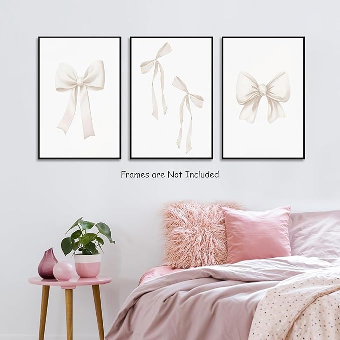 Djmwtb Preppy Bow Canvas Wall Art Beige Coquette Poster Prints Set of 3 Girly Apartment Aesthetic Pictures College Dorm Painting Decor for Girls Bedroom 16x24in Unframed