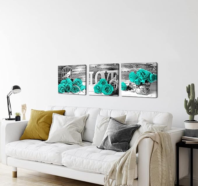 Teal Bathroom Wall Decor Turquoise Teal and Grey Rose Wall Art for Bedroom Living Room Accessories Love Sign Aqua Green Flower Pictures Floral Poster Canvas Artwork Kitchen Home Decoration 12x12" 3
