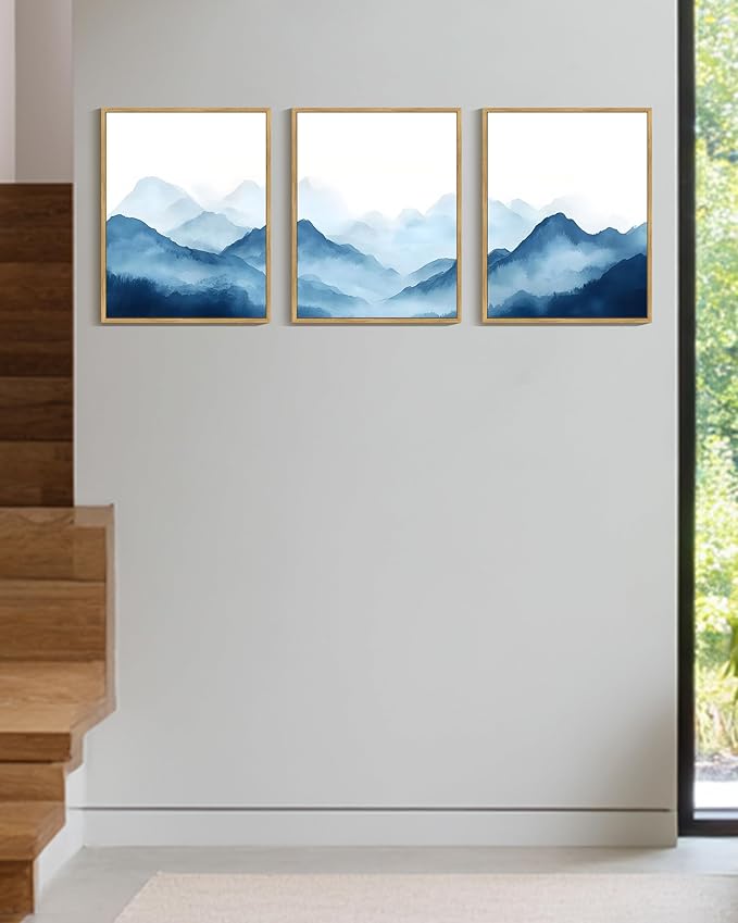 Drsoum Blue Fog Mountains Landscape Wall Art Framed Vintage Nature Misty Nordic Prints Ink Wash Watercolor Boho Farmhouse Rustic Artwork Hallway Bedroom Ready to Hang 11x14in Natural Framed