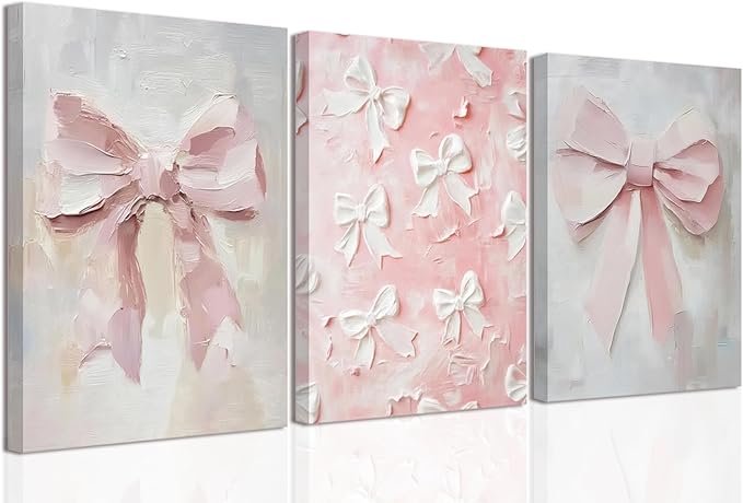 Pink Bow Canvas Wall Art Set of 3 Coquette Oil Painting Cute Bow Posters Wall Decor Trendy Preppy Print Picture for Back to School Bedroom Bathroom College Dorm 12x16 In Framed