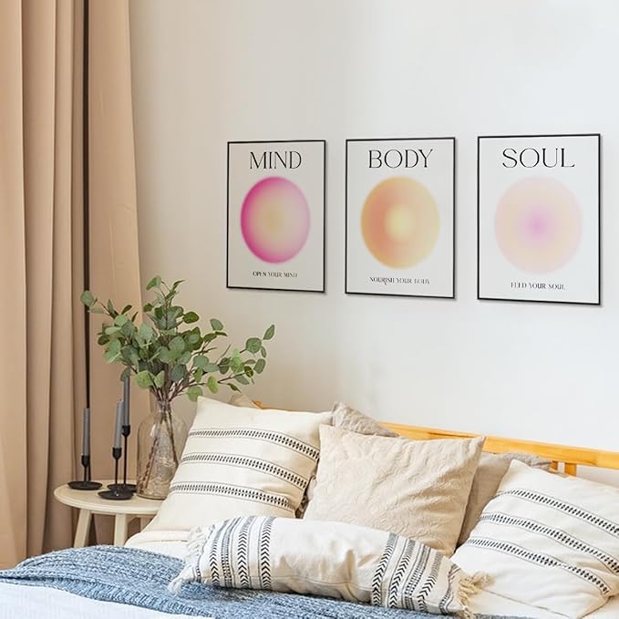 PLKMN Aura Poster Set of 3 - Mind Body Soul Wall Art Prints, Energy Spiritual Positive Aura Posters for Room Aesthetic, Colorful Aura Wall Art for Bedroom Yoga, Aura Decor 8x10 Inch (Unframed)