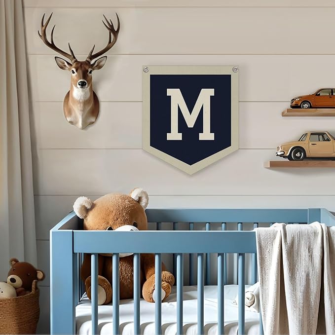 Lacama Toddler Boys Room Decor，Vintage Name Pennant Flag for Toddler Bedroom Playroom Kidsroom，Nursery Name Sign for Boys，Letter Wall Decor，Baby Boy Christmas Gifts，Initial Monogram M 12x14 in