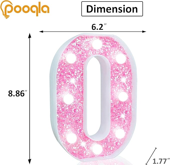 Pooqla LED Marquee Letter Lights, Light Up Letters Glitter Letter Sign Girls Gift, Battery Powered Night Light Pink Birthday Party Room Wedding Christmas Girls Bedroom Dorm Decoration, Cool White O