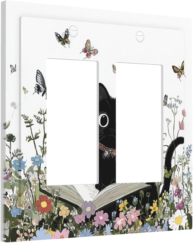 Decorative Outlet Covers Cute Cat Wildflowers Boho Flowers Floral 2 Gang Double Gfci Rocker Electrical Wall Panels Light Switch Cover Plate For Nursery Kids Room Decor