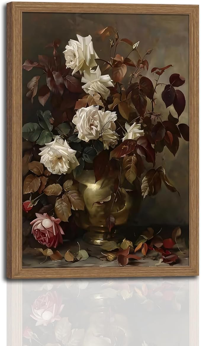 Framed Vintage Floral Large Wall Art，Rose Bouquet Flower Paintings Decor Aesthetic Canvas Print Artwork Still Life Retro Wall Pictures for Bedroom Living Room wooden frame 16x24in