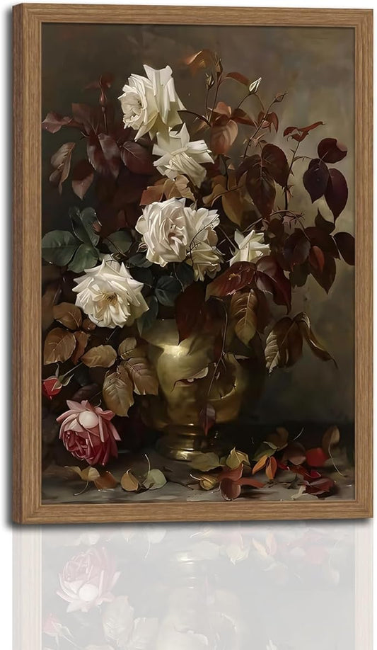 Framed Vintage Floral Large Wall Art，Rose Bouquet Flower Paintings Decor Aesthetic Canvas Print Artwork Still Life Retro Wall Pictures for Bedroom Living Room wooden frame 12x16in