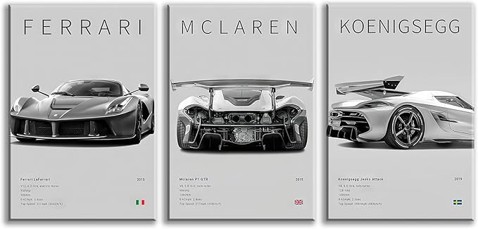 CSLGQGV Car Poster Vintage Racing Car Wall Art Supercar Canvas Prints Painting For Men Room Pictures Guys Dorm Room Aesthetics Decor Bedroom Office (black and white car frame, 12x16in)