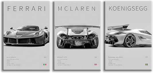 CSLGQGV Car Poster Vintage Racing Car Wall Art Supercar Canvas Prints Painting For Men Room Pictures Guys Dorm Room Aesthetics Decor Bedroom Office (black and white car frame, 12x16in)