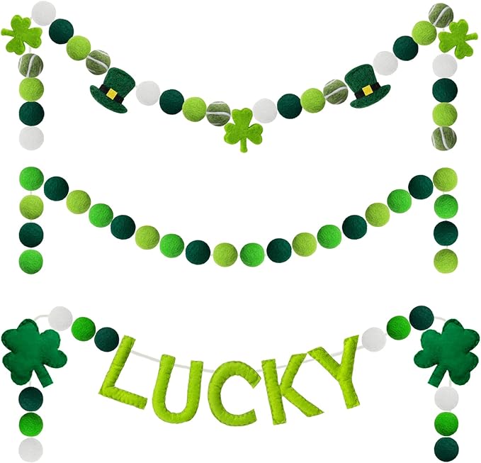 3 Pack Felt St. Patrick's Day Decorations Garland - 6.6 FT Lucky Pom Pom Shamrock Garlands, Green Irish Themed Party Favors for St. Patrick's Day Mantle Home Supplies Decorations