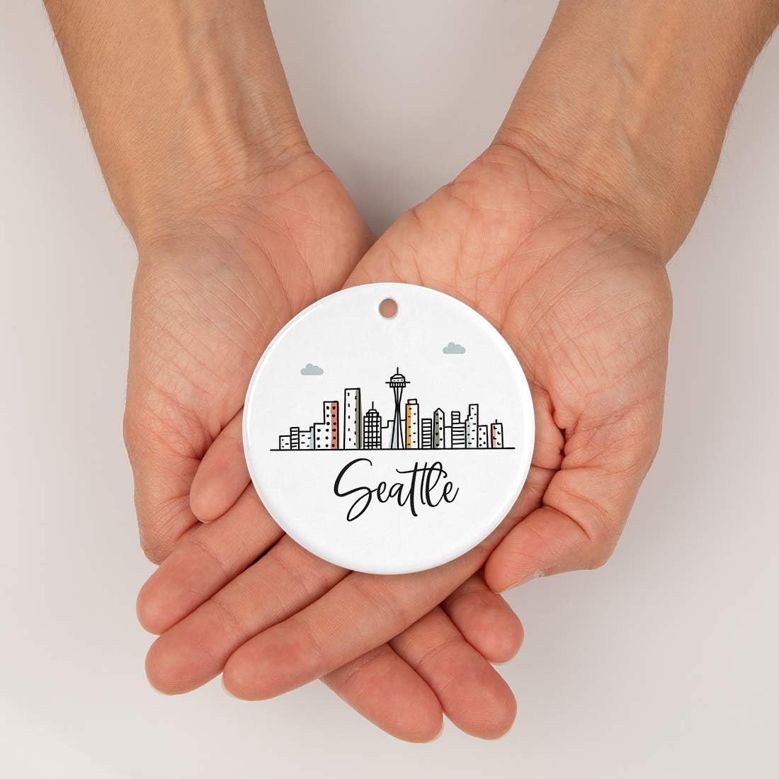 Andaz Press Round Ceramic Porcelain Christmas Tree Ornament Keepsake, Seattle Colorful City Skyline, 1-Pack, Birthday Ideas for Family Coworker, Gift Box Included