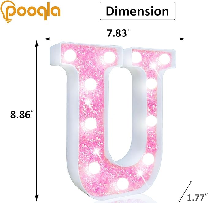 Pooqla LED Marquee Letter Lights, Light Up Pink Letters Glitter Letter Sign for Girls Gifts, Battery Powered for Night Light Birthday Party Wedding Home Bar Christmas Decoration, Cool White Pink U