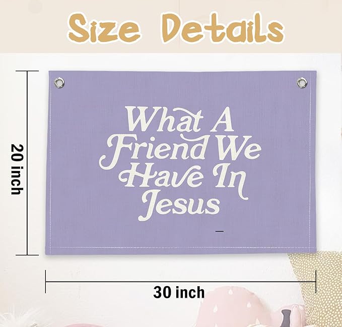 RTXLEZM Kids Room Decor-What a Friend We Have in Jesus Christian Canvas Banner Wall Hanging,Purple Minimalist Bible Verse Wall Art Prints for Classroom, Nursery, Kids Room