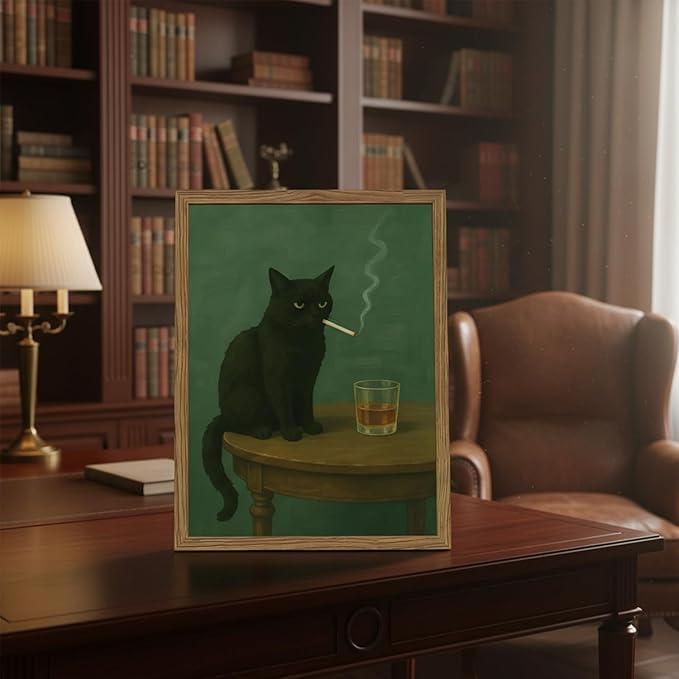 Funny Black Cat Wall Art Framed Vintage Moody Cat Canvas Prints Wall Decor Whimsical Cool Animal Paintings Pictures for Living Room Bedroom Bathroom Bar 8x10in