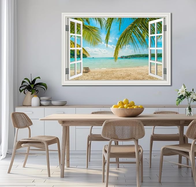 Beach Wall Art Decor Tropical Ocean Canvas Pictures for Living Room White Window Frame Style Large Blue Seascape Painting for Bedroom Coastal Theme Landscape for Home Office Decorations Ready to Hang(32"*48")