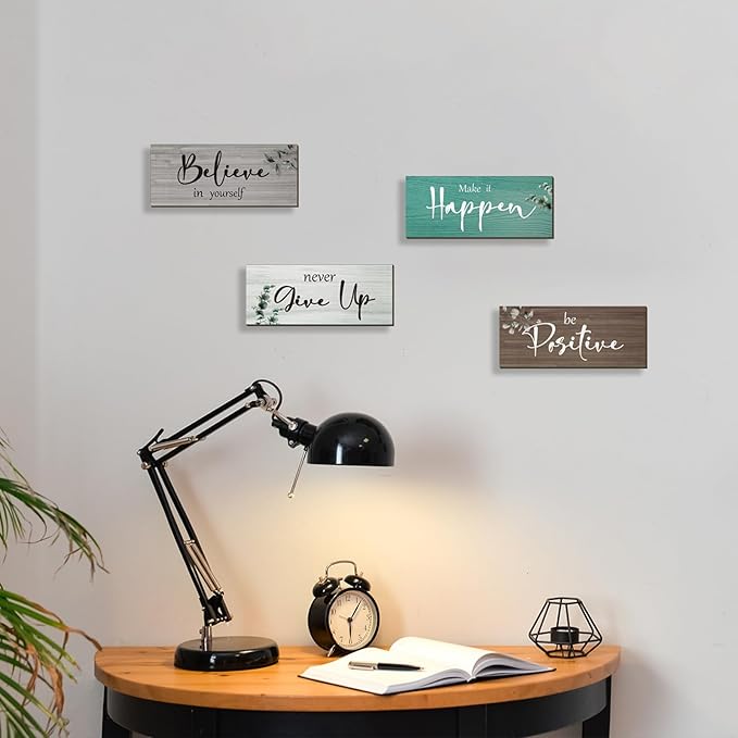 4 Pcs Office Decor For Women Motivational Wall Decor Rustic Inspirational Sign With Positive Sayings Wooden Hangings for Home Office Bathroom Bedroom Kitchen(Teal 10x4")