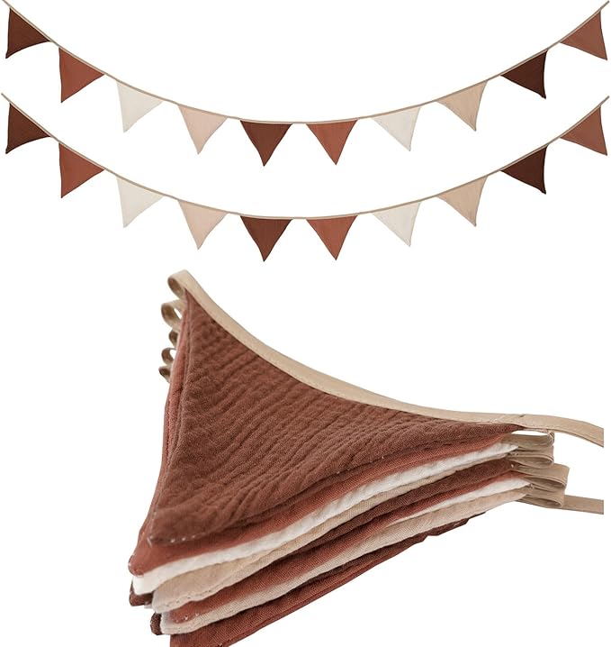 19.6ft Pennant Banners Bunting Flags, Garland Triangle Banners Fabric for Boho Shower Wedding Party Decorations Nursery Playroom Decor (Beige Coffee 2PCS)