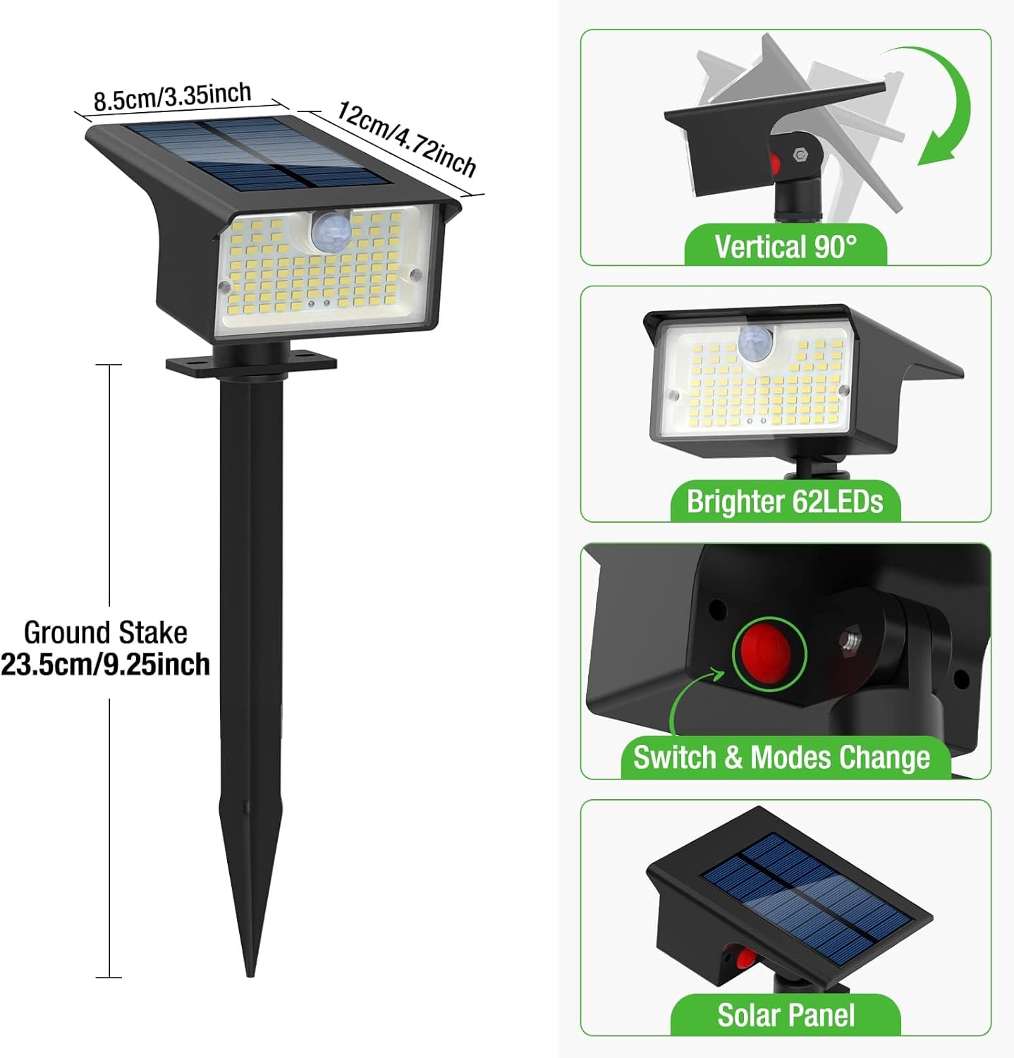 nipify Solar Spot Lights Outdoor, 3 Pack/62 LED Solar Motion Sensor Lights Outdoor Waterproof, 3 Modes Solar Powered Landscape Spotlights 2-in-1 for Outside Yard Wall Garden, Cool White