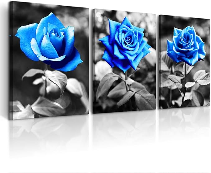 DZRWUBHS Canvas Prints Wall Art For Living Room Family Wall Decor For Kitchen Black And White Pictures Artwork Blue Rose Flowers Wall Paintings Modern Office Bedroom Room Home Decorations 3 Pieces