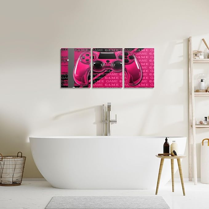 Feelyou Gamer Canvas Wall Art 12" x 16" 3 Piece Game Controller Office Wall Artwork Posters for Teens Adults Gaming Gifts Bathroom Wall Art for Home Gamepad RoseRed and Black Wall Painting