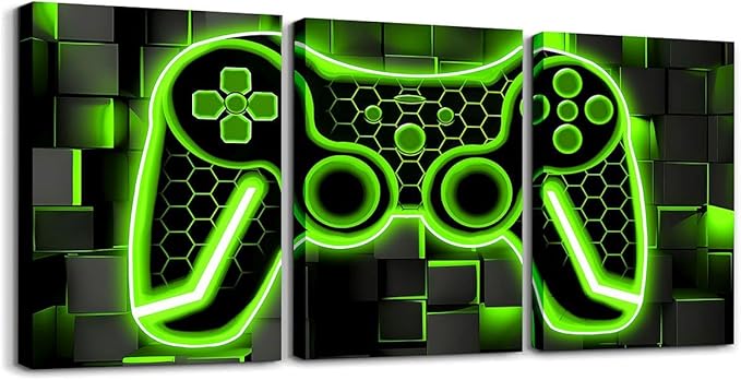 Feelyou Gamer Canvas Wall Art Gaming Bathroom Wall Art for Home Decor 12"x16" 3 Piece for Lighting Honeycomb Game Controller Office Wall Artwork Posters Green and Black Geometric Wall Painting