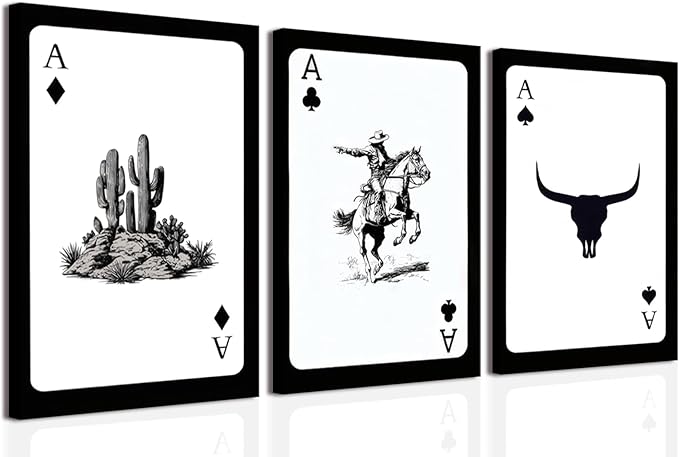 Western Cowboy Wall Art Set of 3 Southwestern Cowboy Print Playing Card Canvas Wall Decor Longhorn Bull Skull Poster Picture Prints Painting for Bedroom Living Room 16x24 In Framed