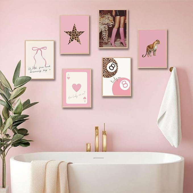 6Pcs Trendy Pink Leopard Wall Art Preppy Leopard Posters Prints Funky Coquette Cheetah Wall Decor with Lucky 8 Ball Bow Artwork for Girls Bedroom Apartment Dorm 12x16Inch 6Pcs Unframed