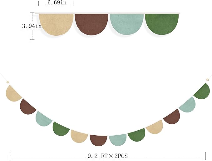 2 Sets of Green Brown Beige Half Round Banner 24Pcs Flags Nursery Garland Fabric Semicircle Streamers for Kids Jungle Safari Woodland Camping Birthday Baby Shower Party Decorations Baby Room Decor