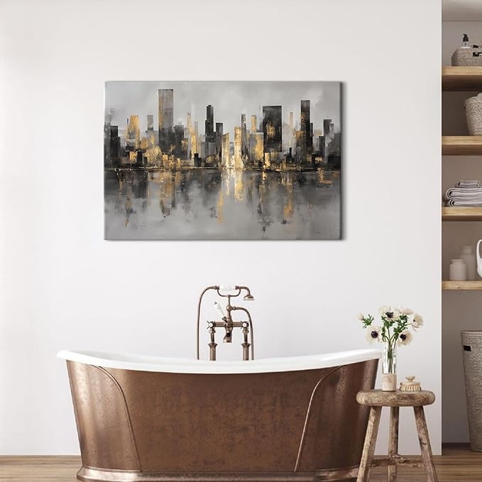 NYC Skyline Wall Art Abstract Cityscape Wall Pictures Black and Gold Landscape Canvas Prints Paintings Modern New York Aesthetic Framed Artwork for Bedroom Living Room Bathroom Home Decorations 24x36