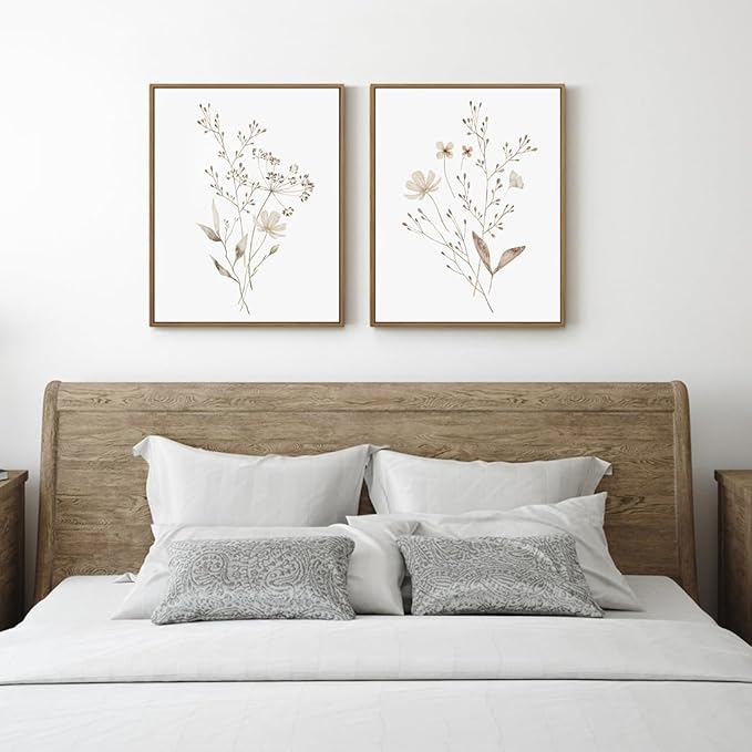 Boho Wall Art Set of 2 Watercolor Botanical Floral Picture Blossomy Wildflower Canvas Art Prints Minimalist Flower Wall Decor for Living Room Bedroom Bathroom Home Office Decoration, 11x14 Inch Framed