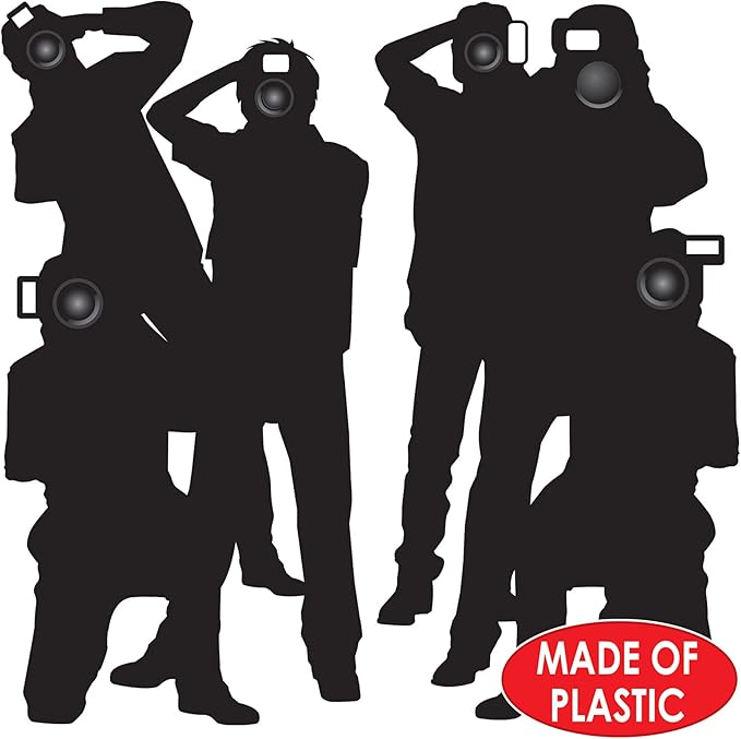 Beistle Paparazzi Cutouts – 4-Count Thin Printed Clear Plastic Hollywood Photographer Wall Backdrop Decorations for Awards Night Parties Celebrity Photo Props and VIP Event Décor, 5'3"