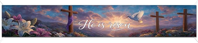 He Is Risen Easter Banner Resurrection Cross Sunrise Spring Christian Decor 118×20 inch Religious Faith Banner for Church Yard Fence Door Wall Indoor Outdoor Display