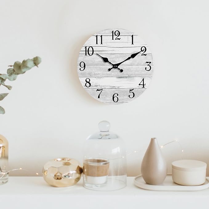 Wall Clock Battery Operated 8 Inch Gray Silent Non Ticking Country Rustic Design Vintage Retro Decorative for Bathroom Kitchen Bedroom