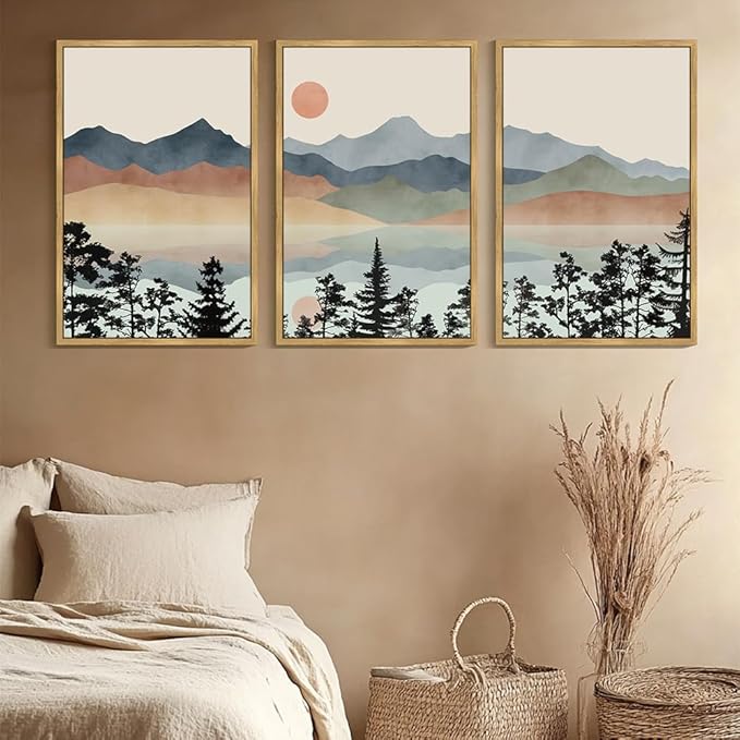 Drsoum Mountain Range Landscape Wall Art Framed Ink Wash Watercolor Nature Wall Decor Laker Sun Rises Prints Bedroom Living Room Ready to Hang 24x36in Natural Framed